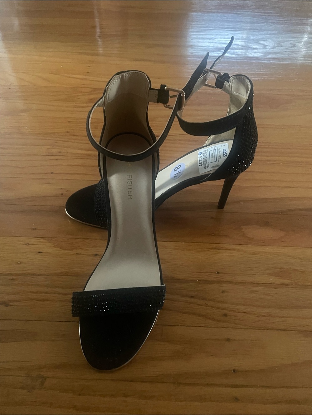 Marc Fisher Black Sparkly Ankle Strap Heels Sandals Size 8.5